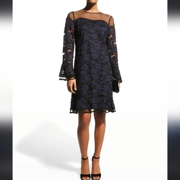 Shani Illusion Neck Lace A-Line mini sheath Dress netting yoke Black Blue 10 nwt - Picture 1 of 16